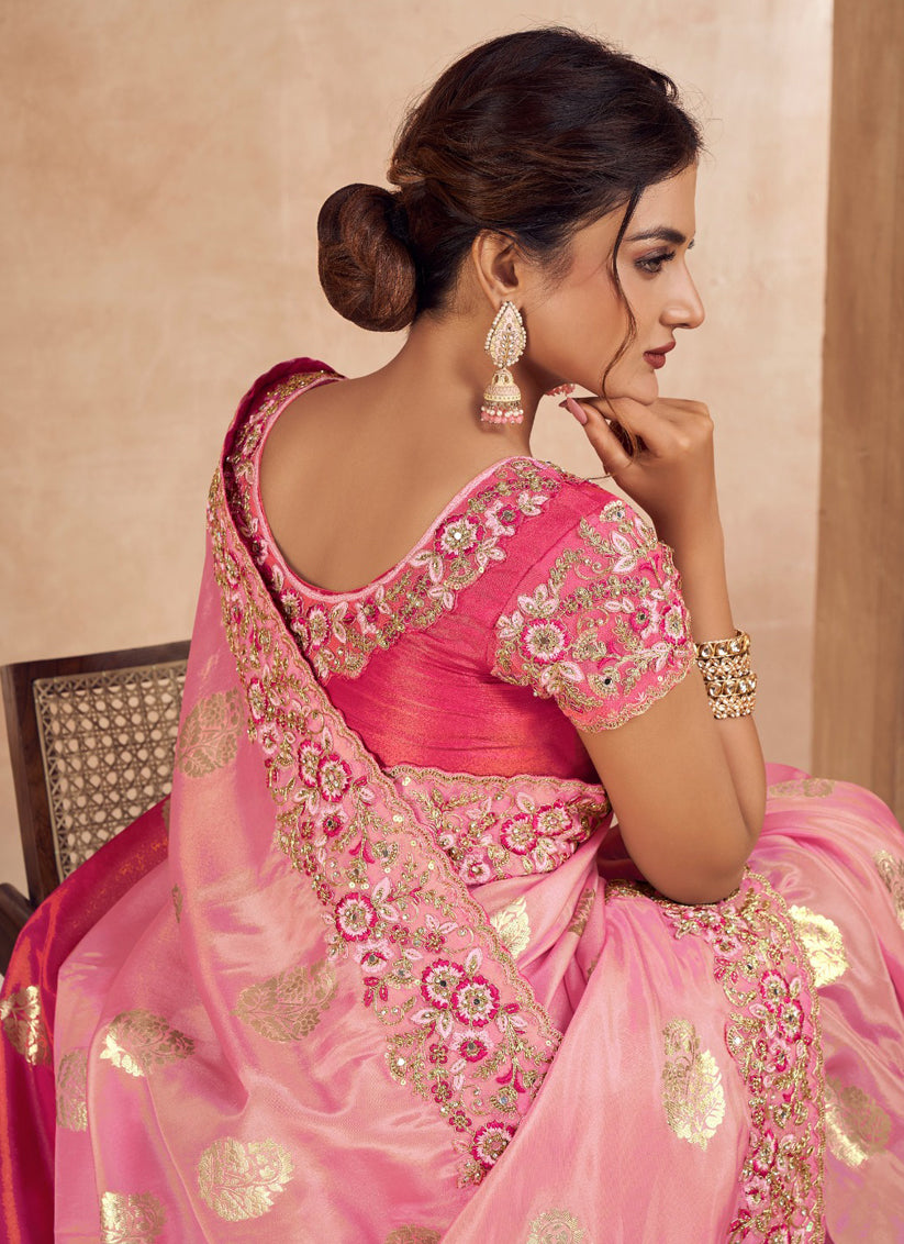 Rose Pink and Rani Pink Viscose Jacquard Embroidered Designer Saree