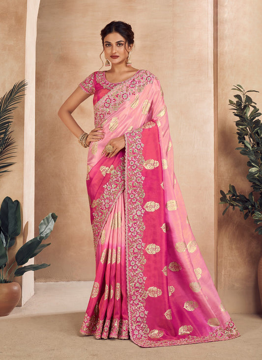 Rose Pink and Rani Pink Viscose Jacquard Embroidered Designer Saree