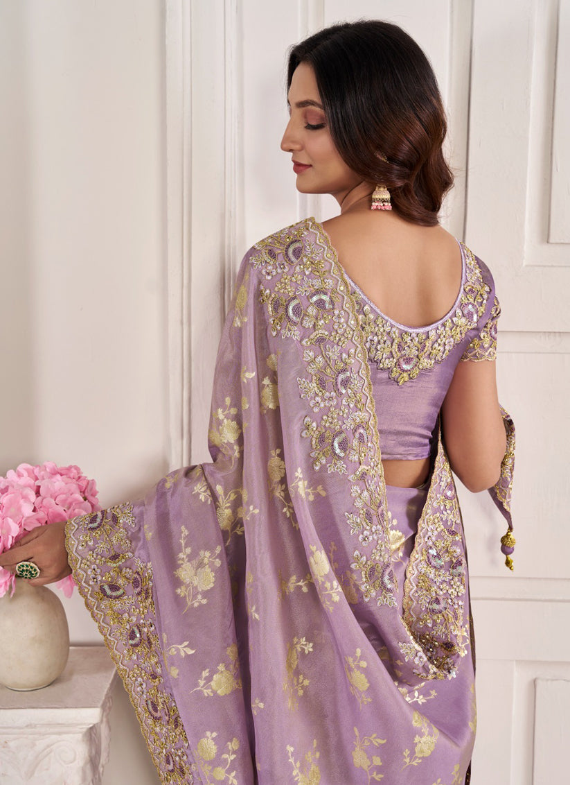 Lilac Viscose Jacquard Embroidered Designer Saree