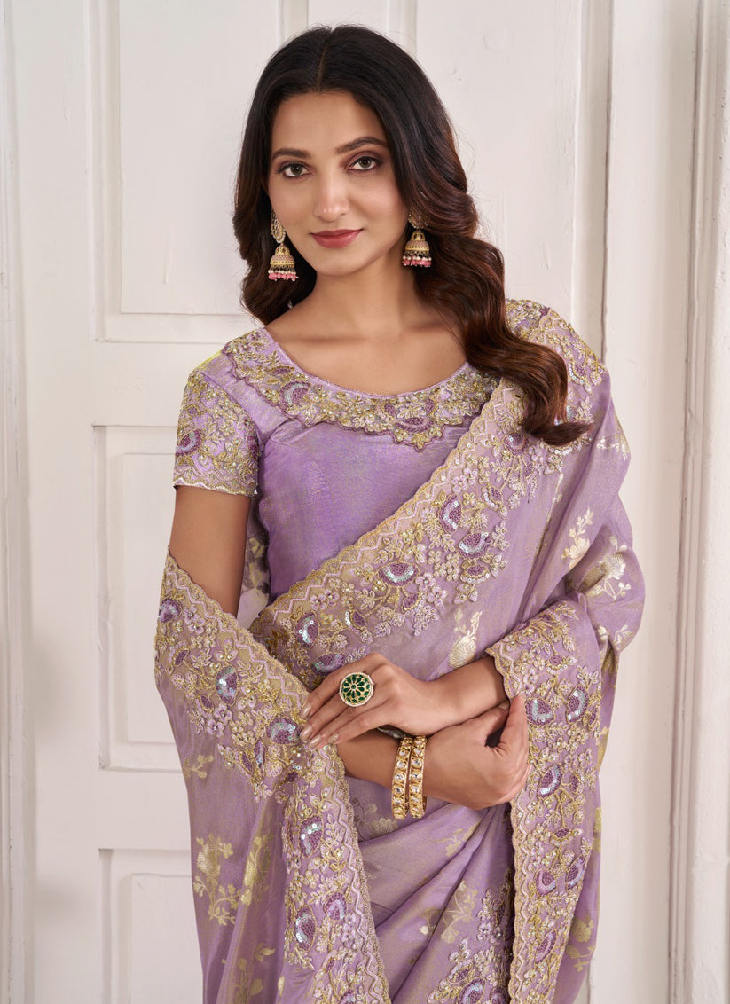 Lilac Viscose Jacquard Embroidered Designer Saree