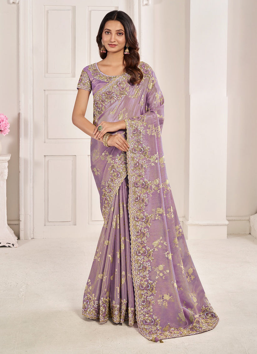 Lilac Viscose Jacquard Embroidered Designer Saree