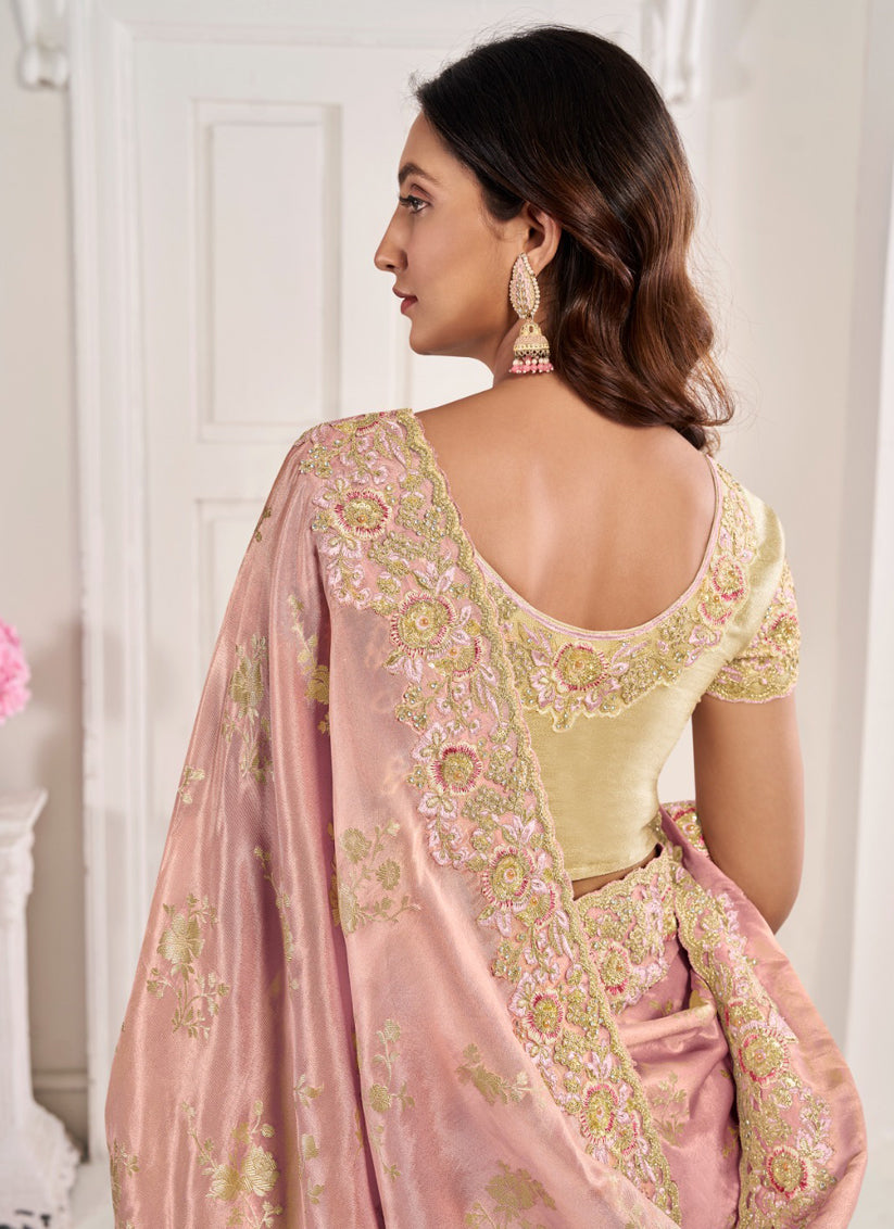 Blush Pink Viscose Jacquard Embroidered Designer Saree