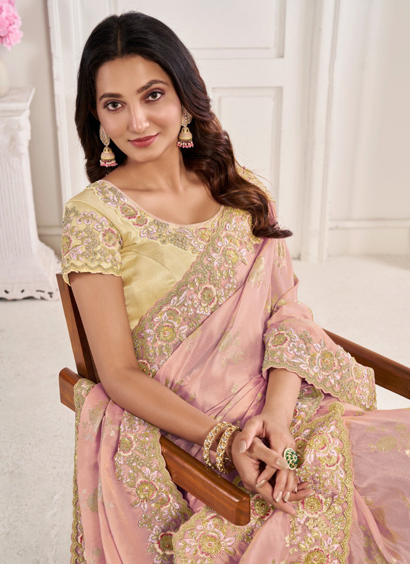 Blush Pink Viscose Jacquard Embroidered Designer Saree