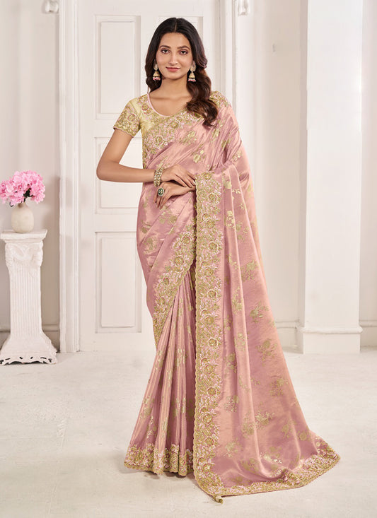 Blush Pink Viscose Jacquard Embroidered Designer Saree