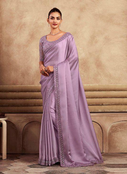 Lilac Satin Silk Saree with Embroidered Blouse