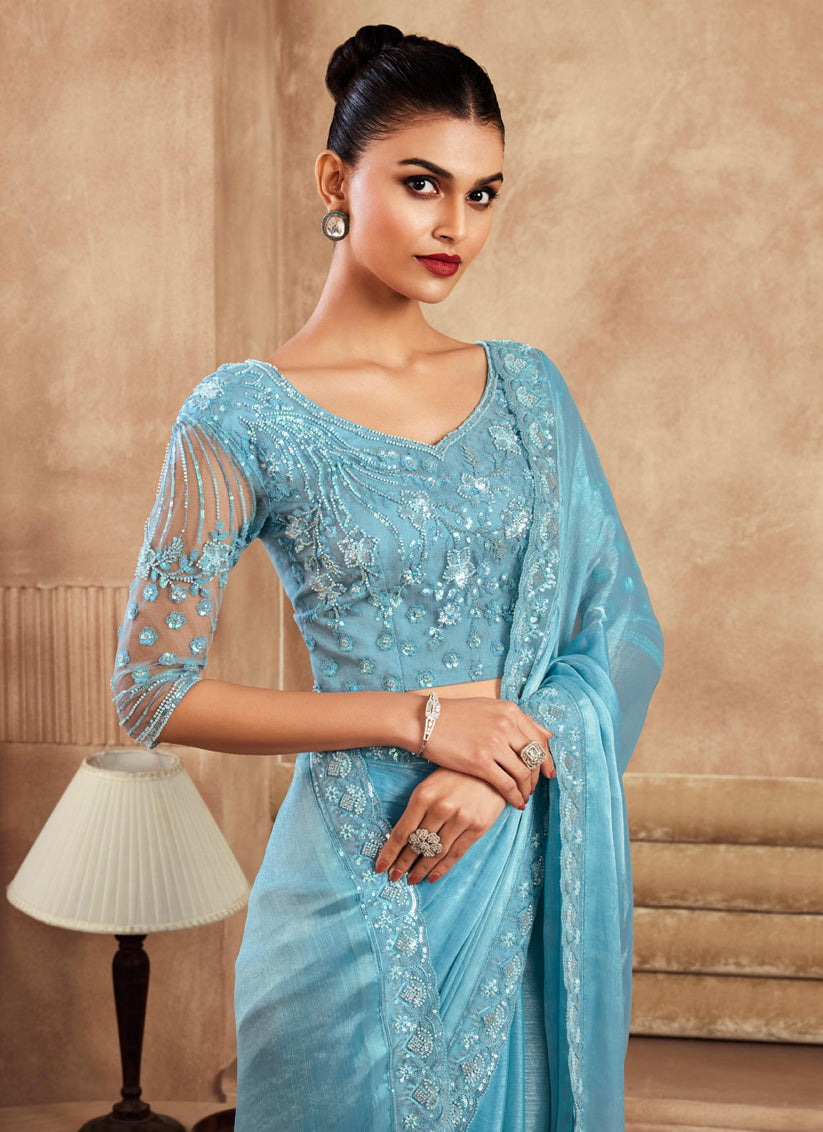 Sky Blue Chiffon Silk Saree with Embroidered Blouse