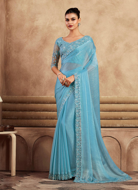 Sky Blue Chiffon Silk Saree with Embroidered Blouse