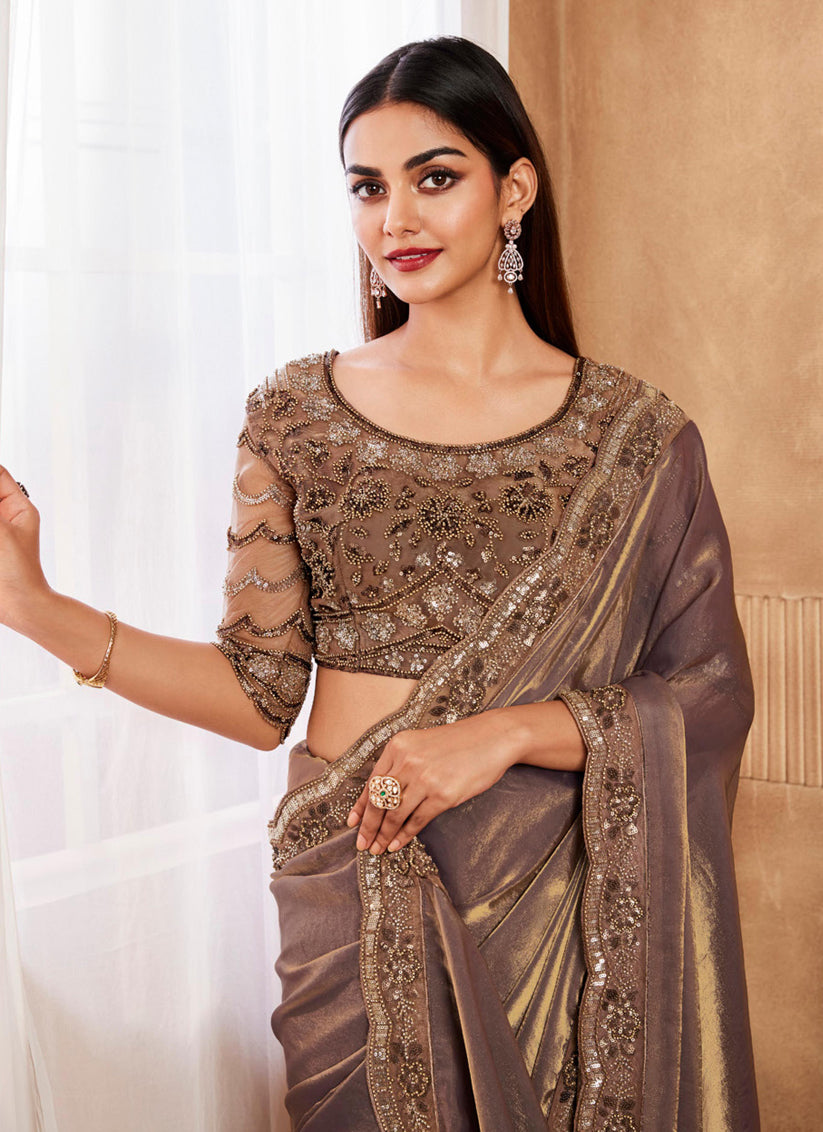 Snuff Brown Silk Saree with Embroidered Blouse