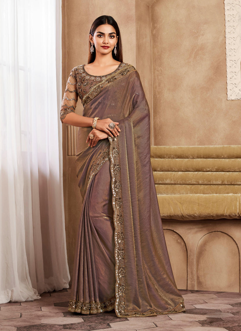 Snuff Brown Silk Saree with Embroidered Blouse