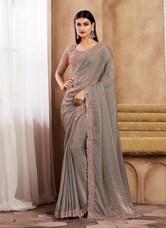Dusty Grey Silk Saree with Embroidered Blouse