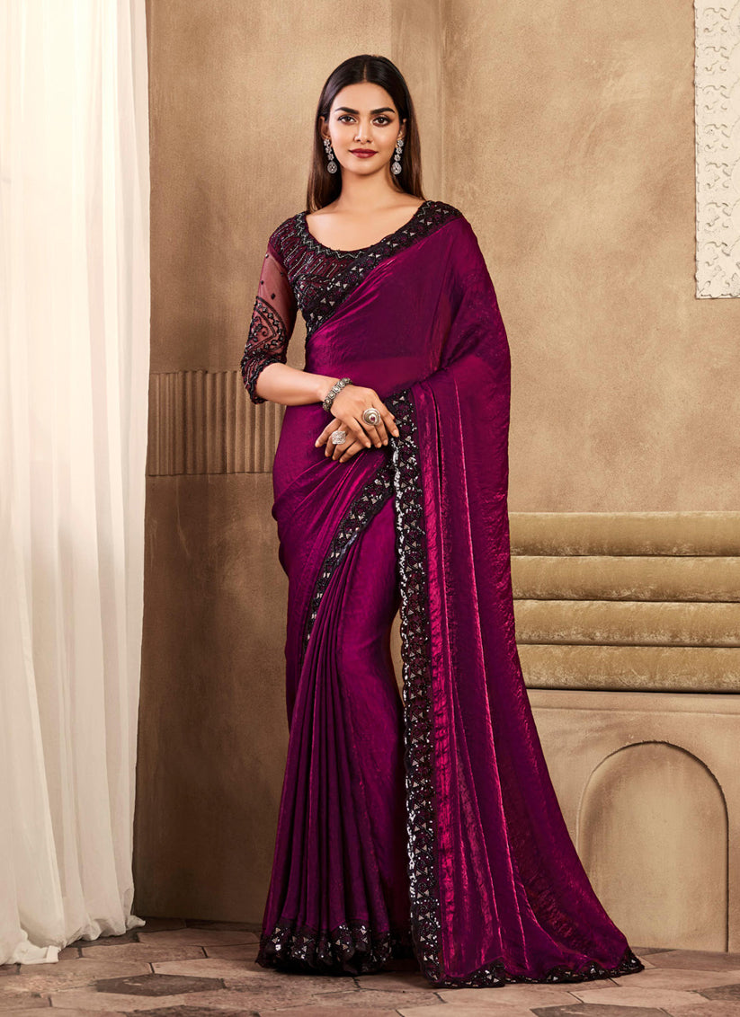 Magenta Silk Saree with Embroidered Blouse