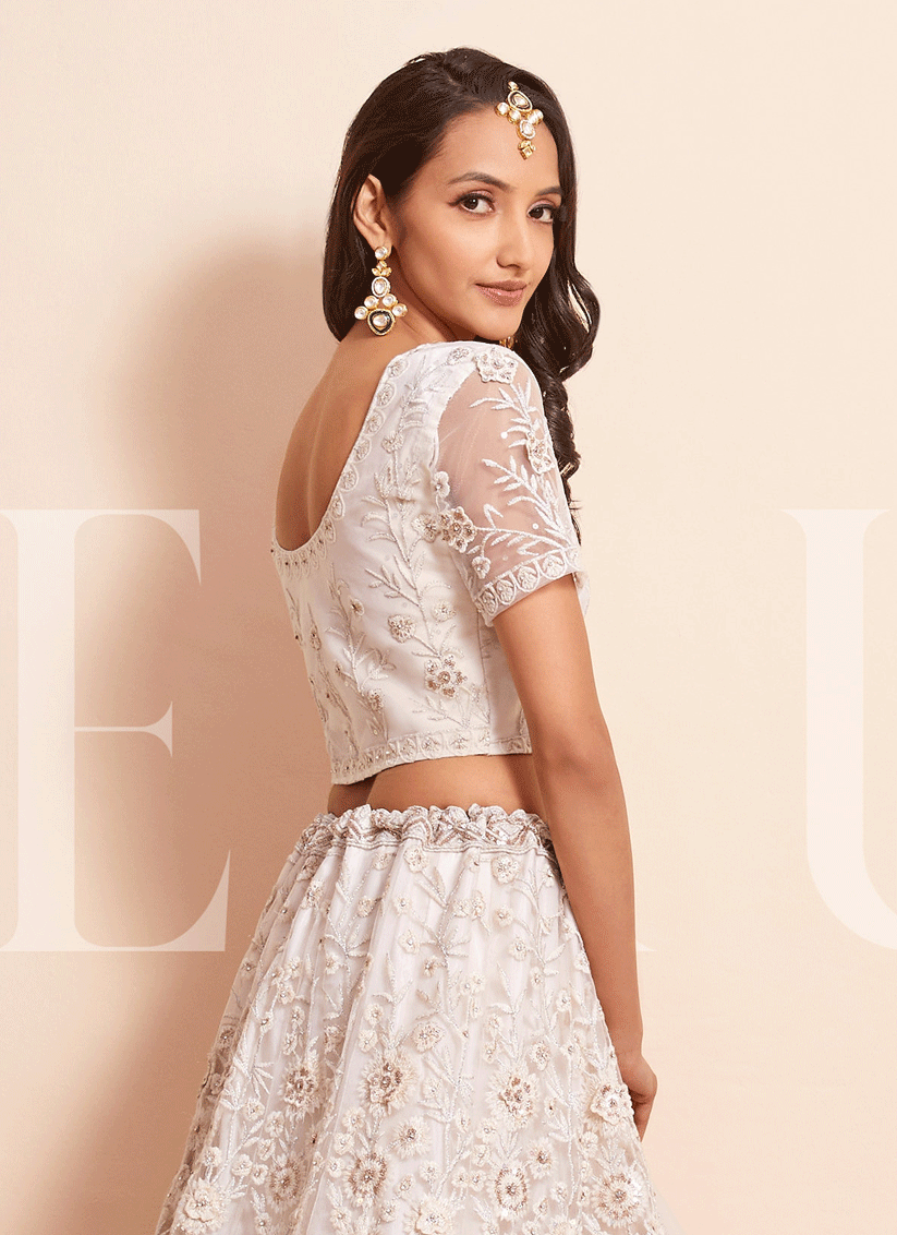 Cream Net Embroidered Designer Lehenga Choli