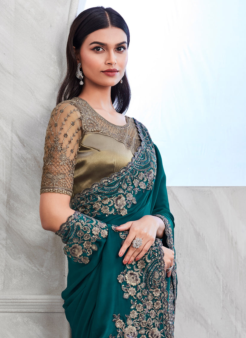 Teal Blue Silk Designer Saree with Embroidered Blouse