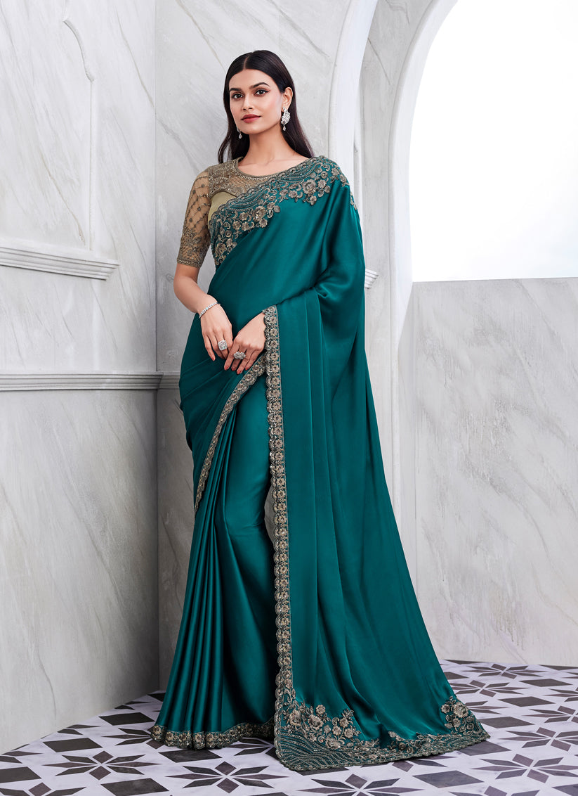 Teal Blue Silk Designer Saree with Embroidered Blouse