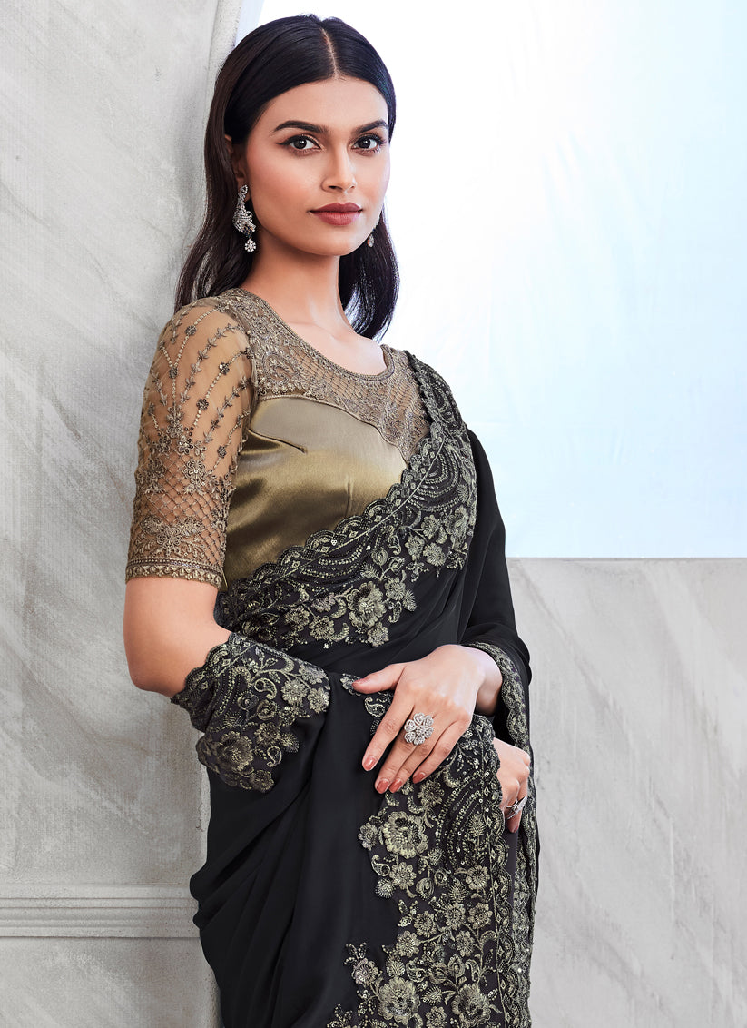 Black Silk Designer Saree with Embroidered Blouse