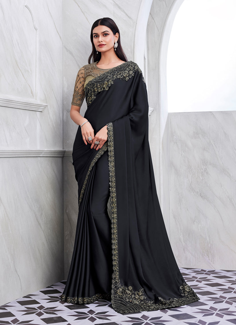 Black Silk Designer Saree with Embroidered Blouse