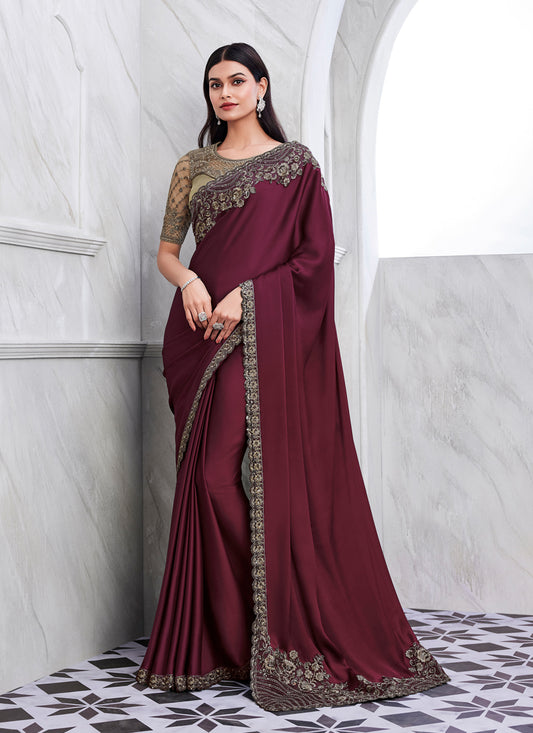 Garnet Maroon Silk Designer Saree with Embroidered Blouse