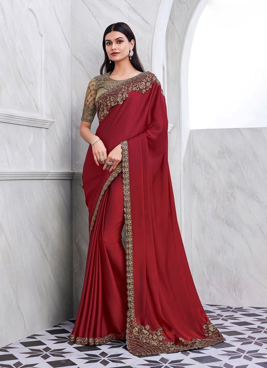 Rust Maroon Silk Designer Saree with Embroidered Blouse