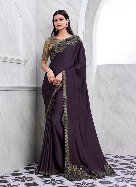 Eggplant Silk Designer Saree with Embroidered Blouse