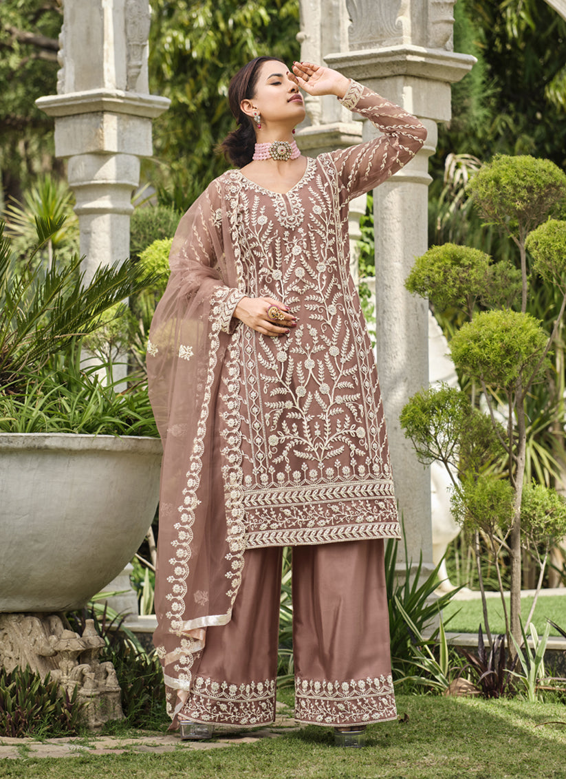 Copper Brown Pure Butterfly Net Palazzo Suit