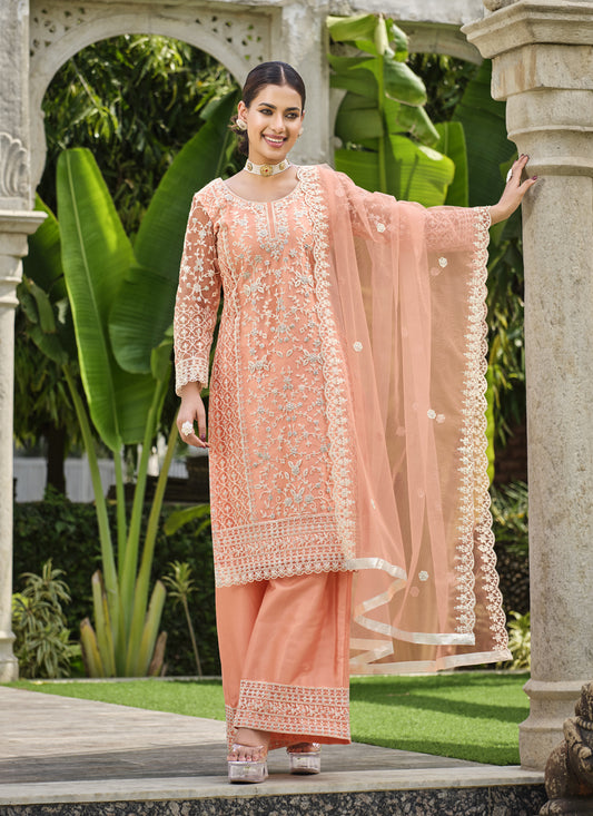 Peach Pure Butterfly Net Palazzo Suit