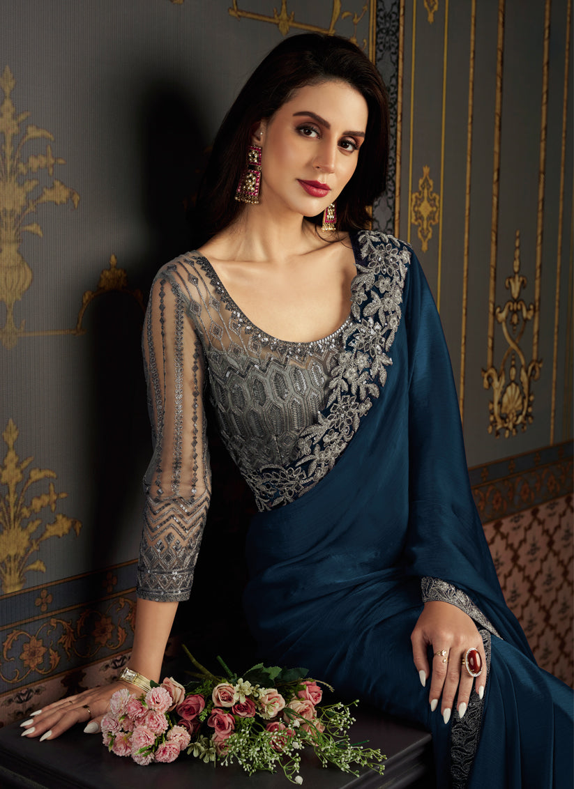Prussian Blue Satin Silk Chiffon Saree with Embroidered Blouse