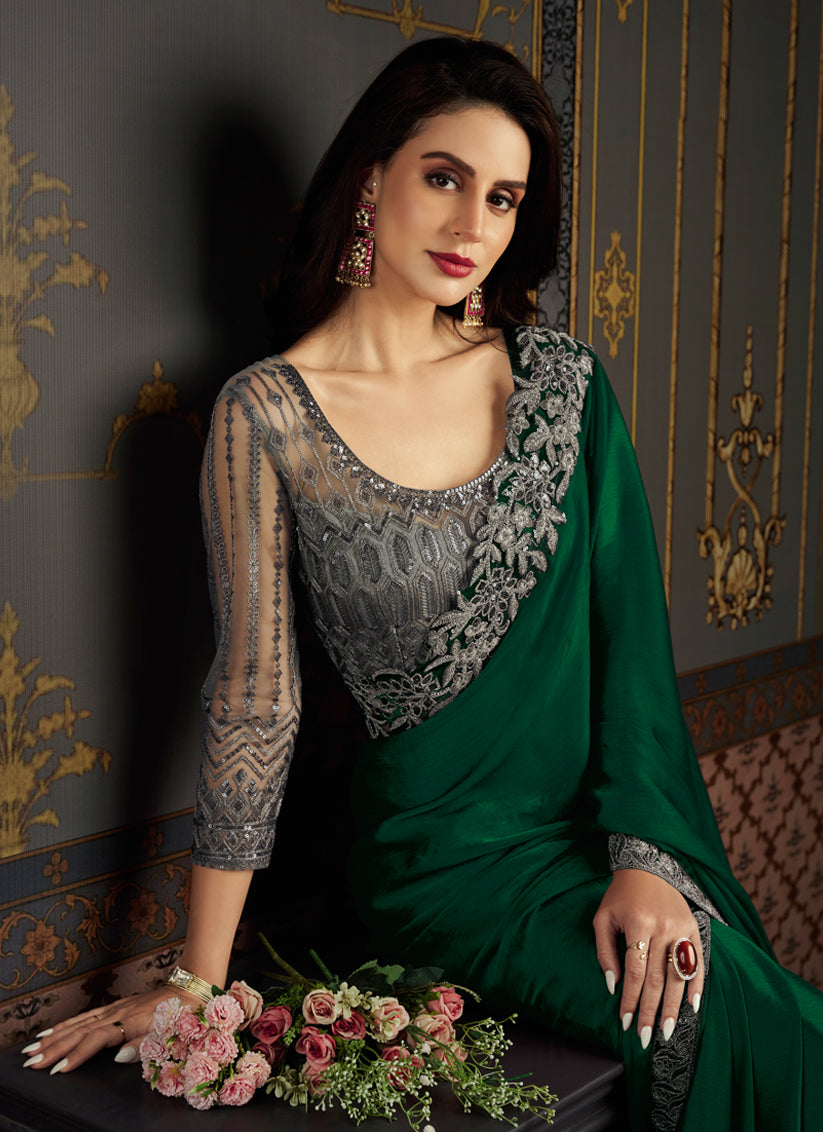 Bottle Green Satin Silk Chiffon Saree with Embroidered Blouse