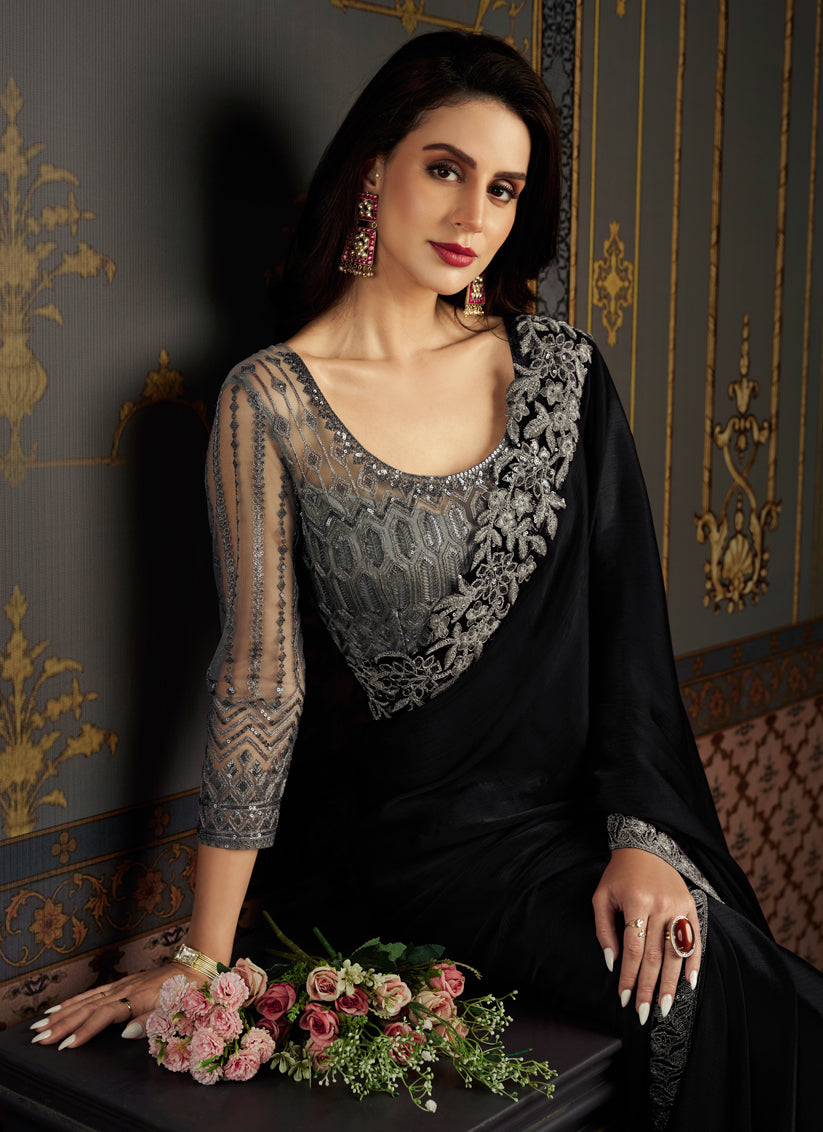 Black Satin Silk Chiffon Saree with Embroidered Blouse
