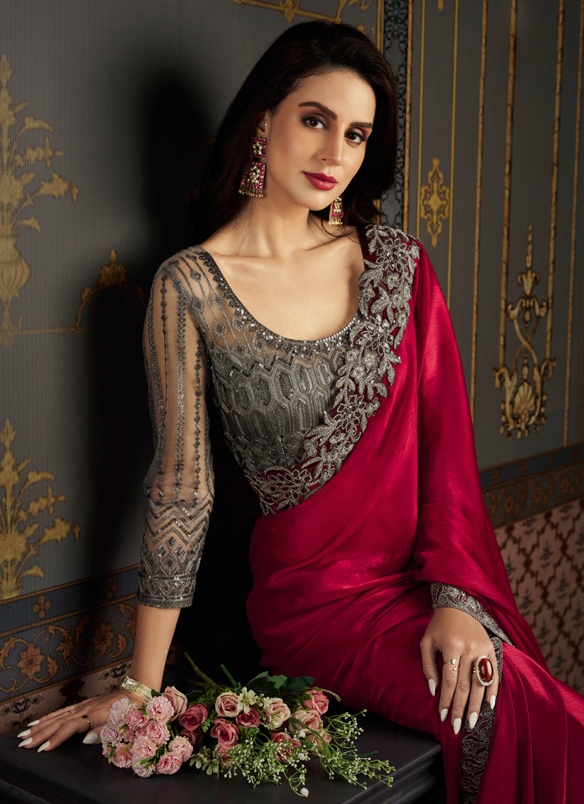 Cherry Red Satin Silk Chiffon Saree with Embroidered Blouse