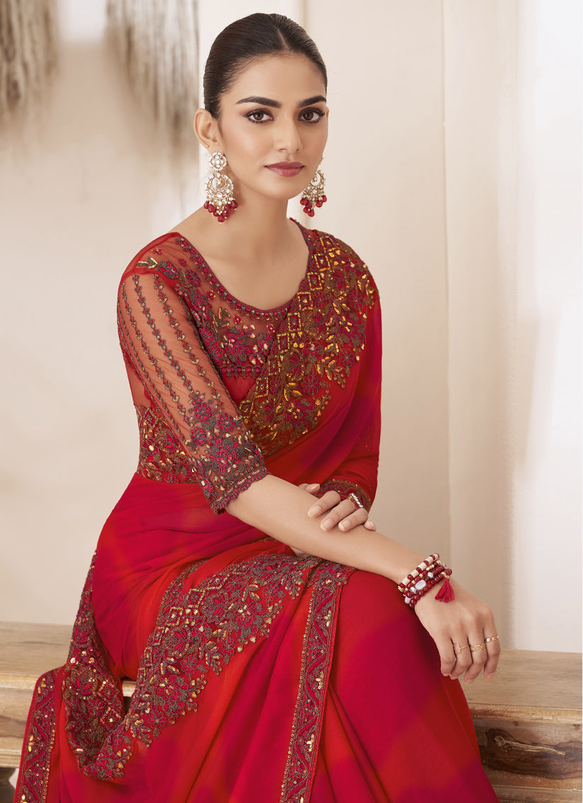 Hot Red Embroidered Saree with Designer Blouse