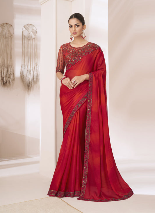 Hot Red Embroidered Saree with Designer Blouse