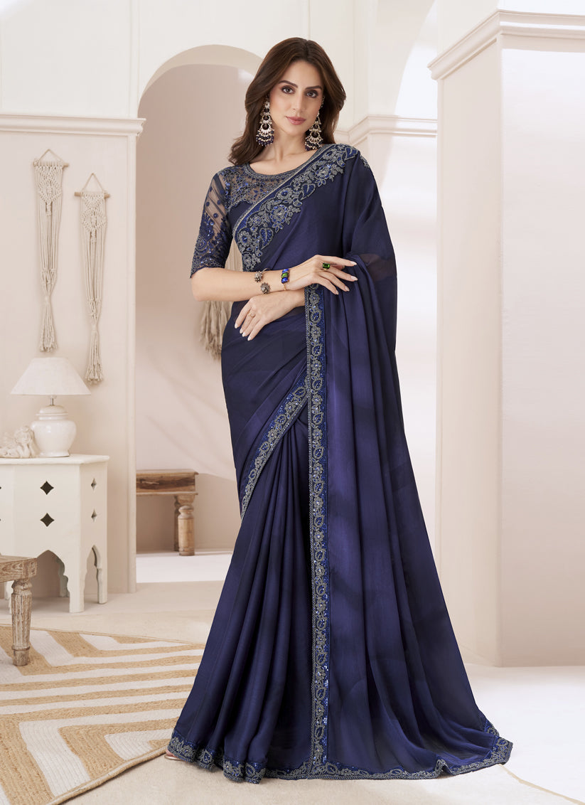 Midnight Blue Embroidered Saree with Designer Blouse