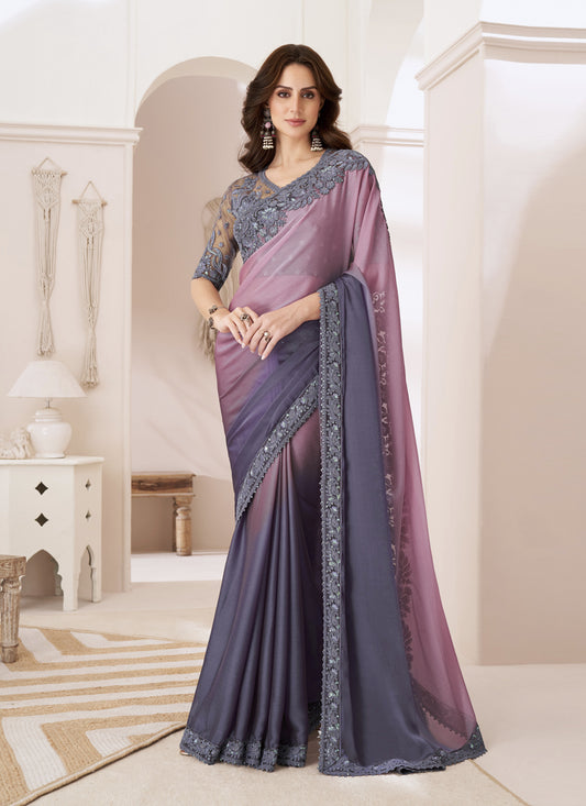 Dusty Pink and Slate Grey Embroidered Saree with Designer Blouse