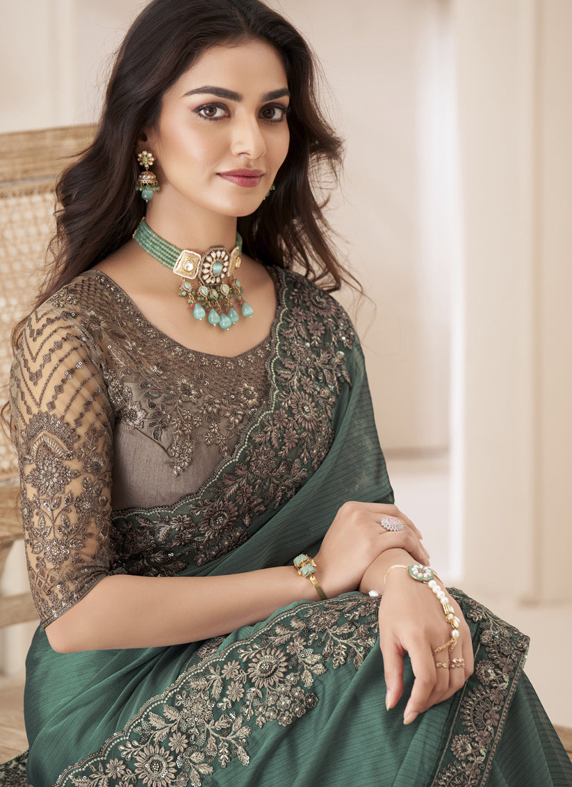 Pine Green Embroidered Saree with Designer Blouse