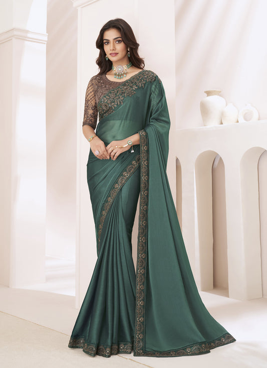 Pine Green Embroidered Saree with Designer Blouse