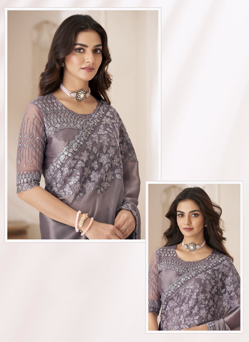 Dusty Grey Embroidered Saree with Designer Blouse