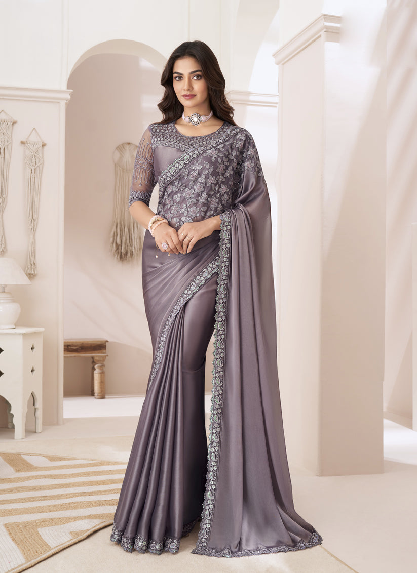 Dusty Grey Embroidered Saree with Designer Blouse