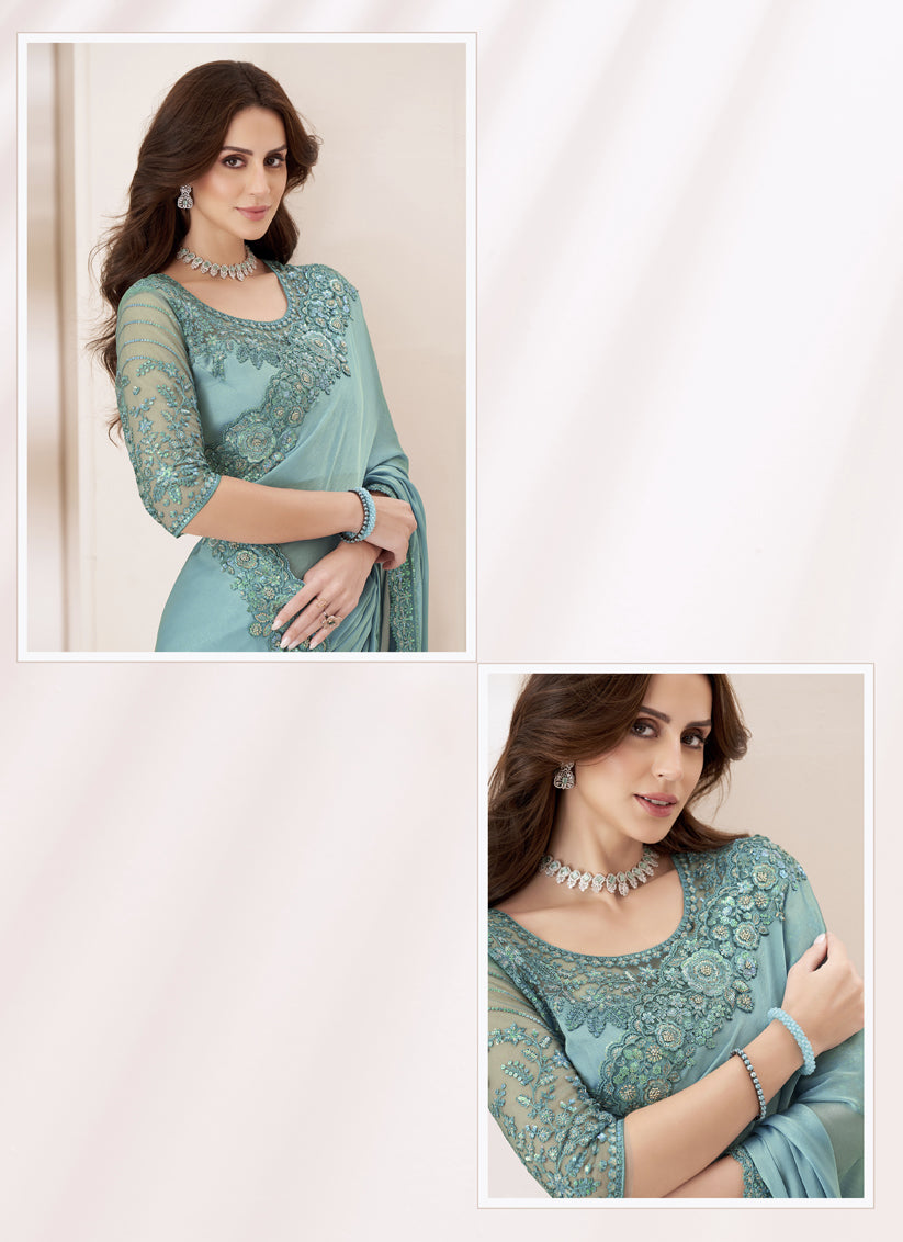 Mint Blue Embroidered Saree with Designer Blouse