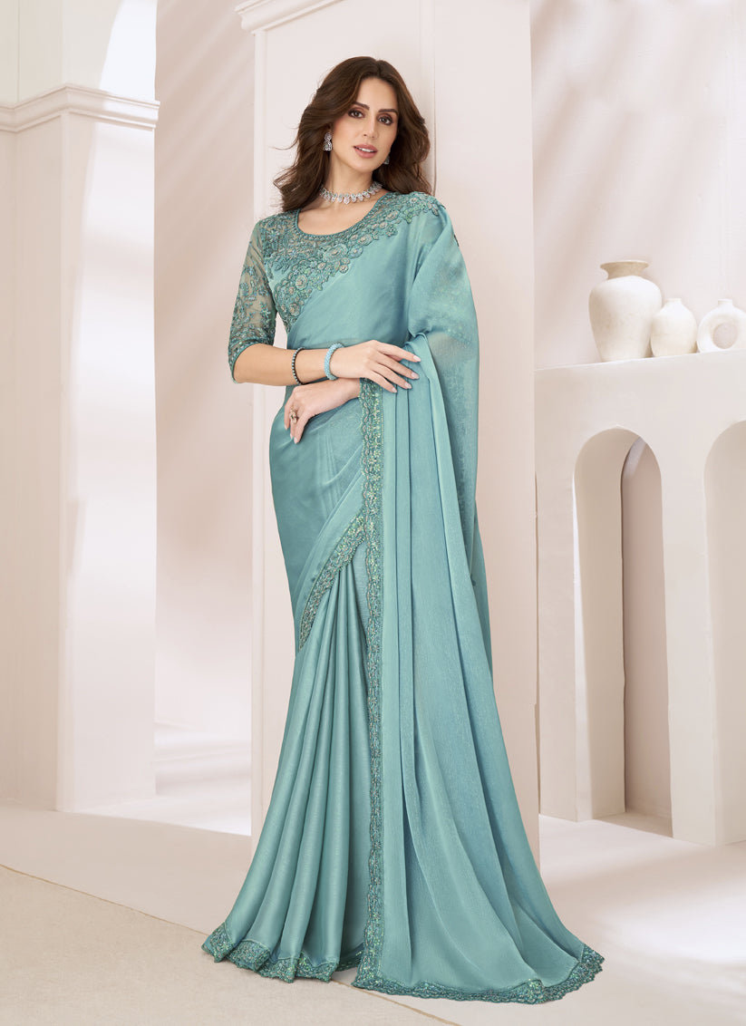 Mint Blue Embroidered Saree with Designer Blouse