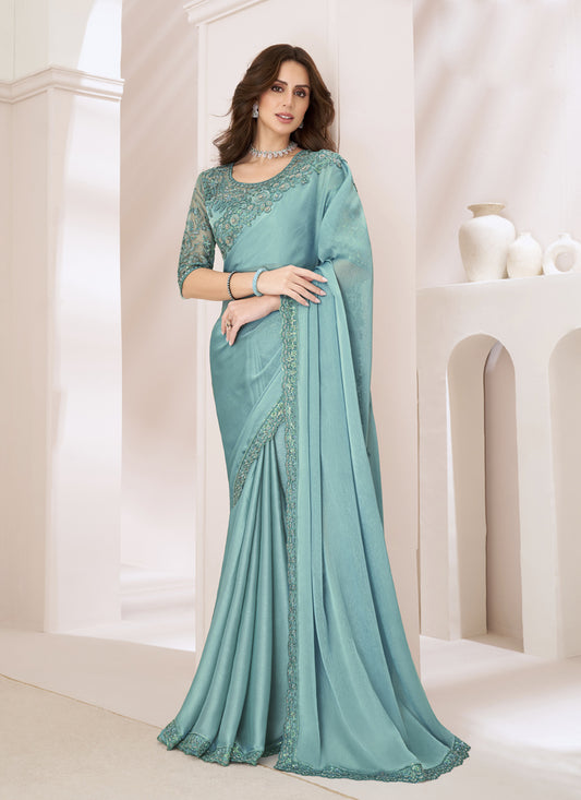 Mint Blue Embroidered Saree with Designer Blouse