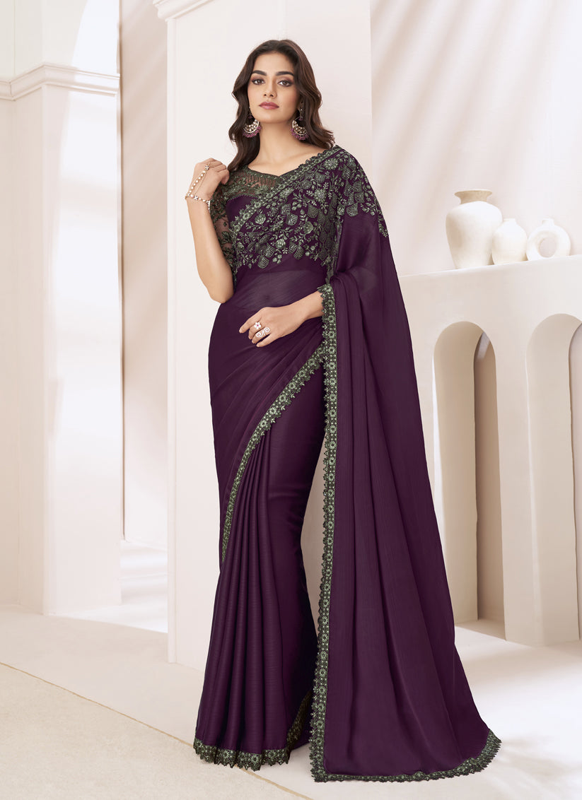 Burgundy Embroidered Saree with Designer Blouse