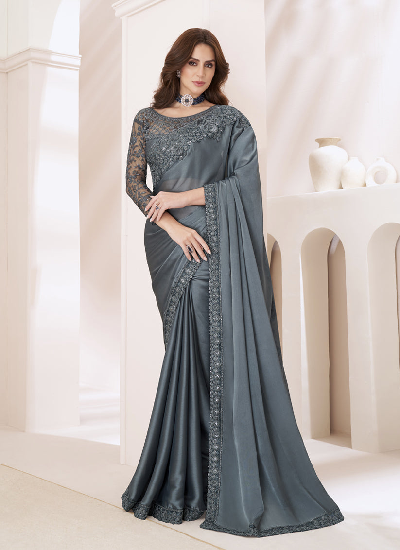 Stone Grey Embroidered Saree with Designer Blouse