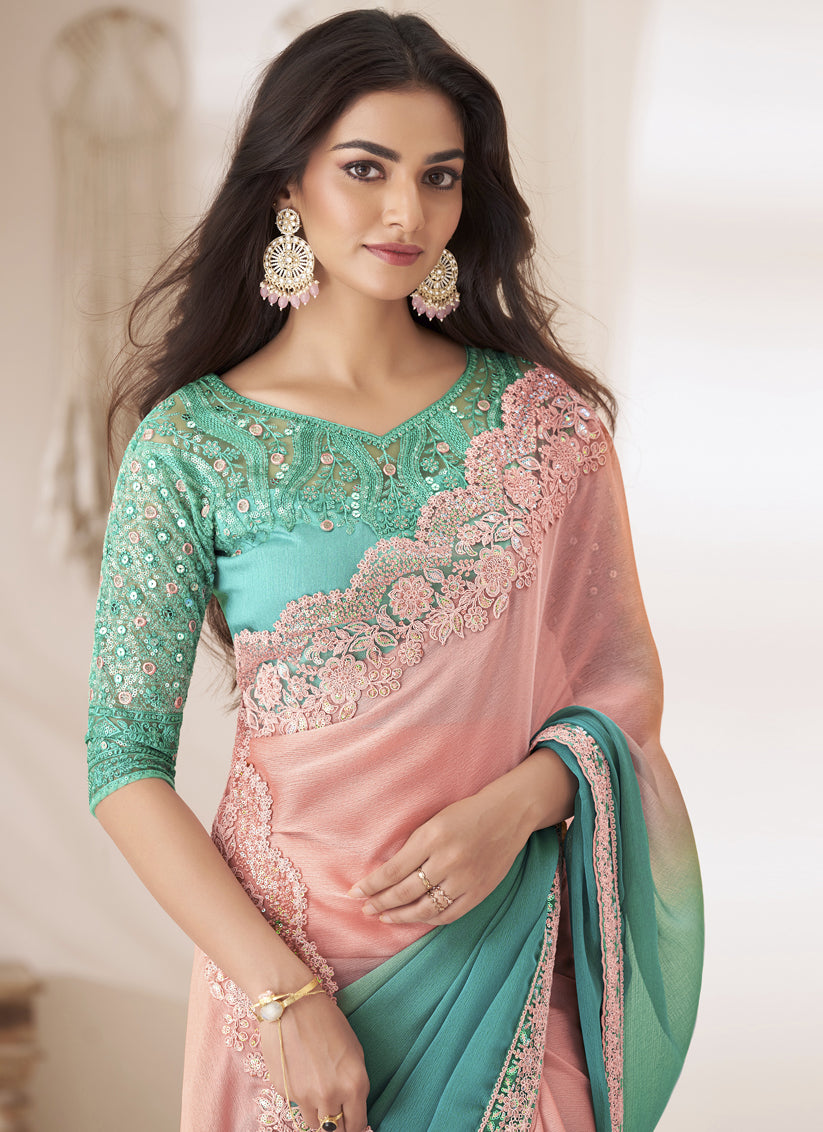 Coral Pink Embroidered Saree with Designer Blouse