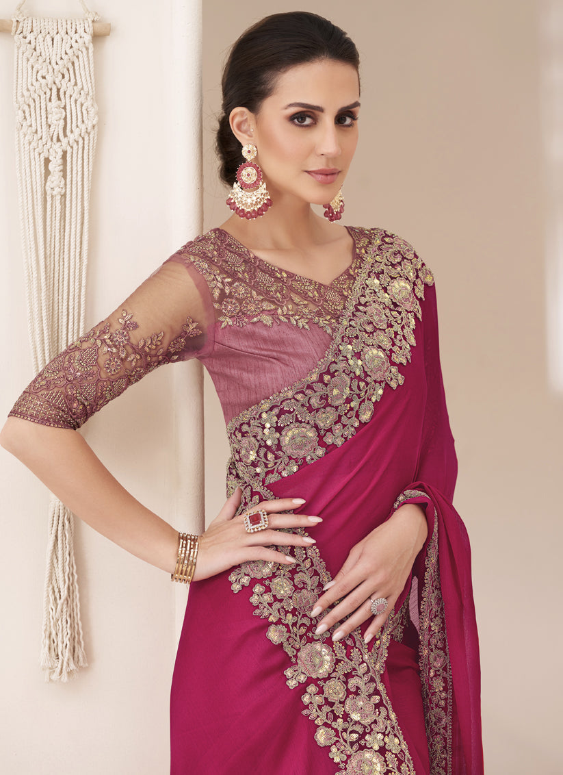 Rani Pink Embroidered Saree with Designer Blouse