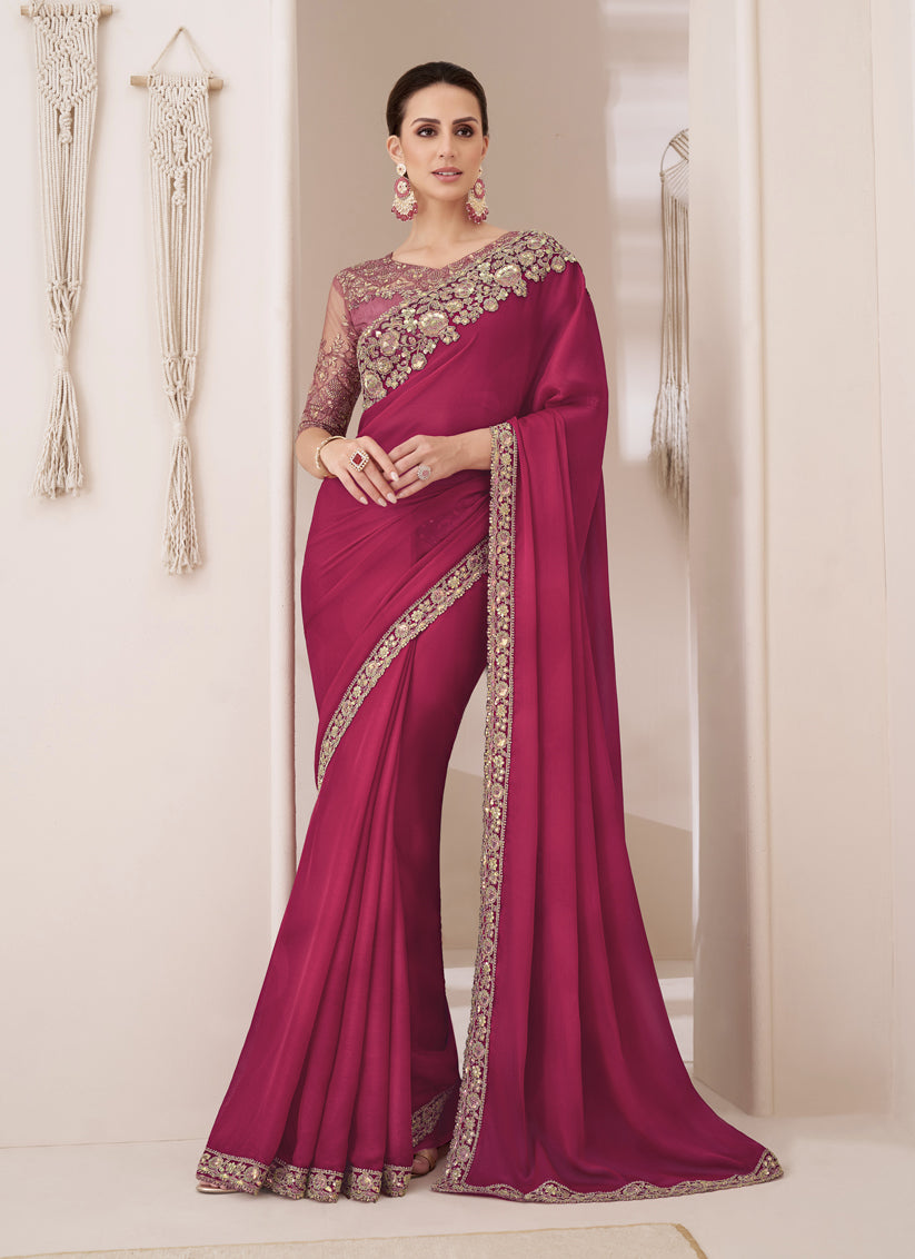 Rani Pink Embroidered Saree with Designer Blouse