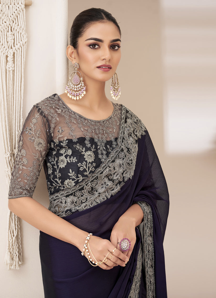 Eggplant Embroidered Saree with Designer Blouse