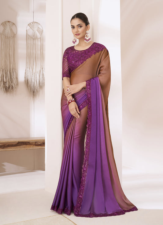 Magenta and Bronze Brown Embroidered Saree with Designer Blouse