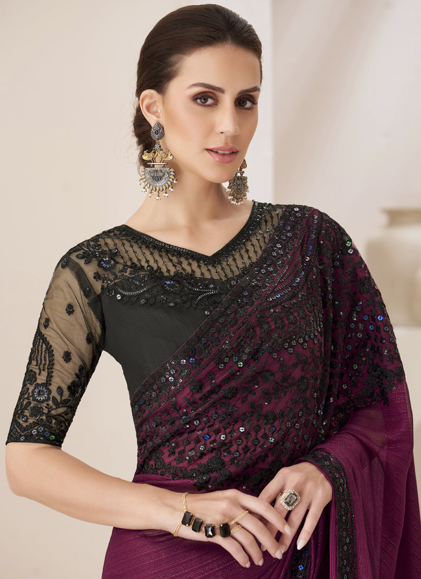 Wine Embroidered Saree with Designer Blouse