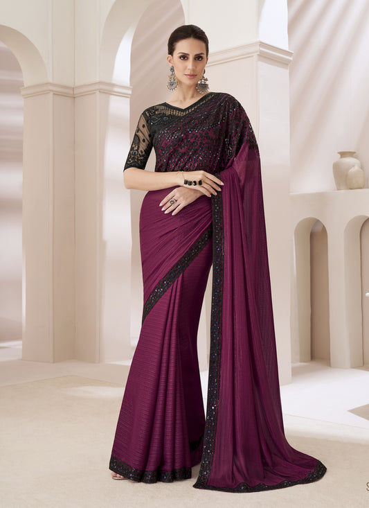 Wine Embroidered Saree with Designer Blouse