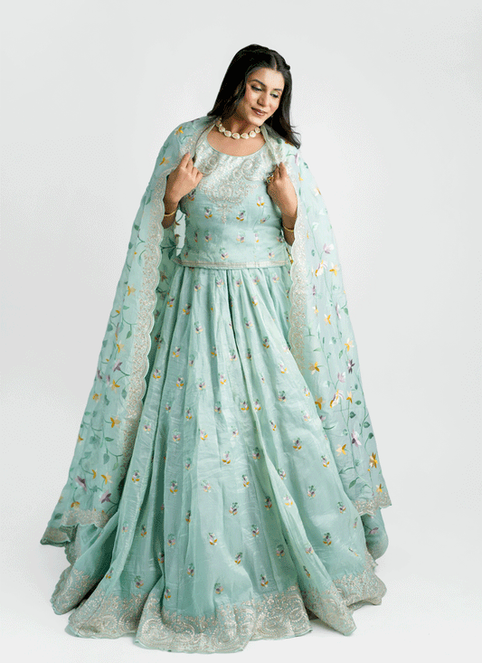Sage Green  Tissue Heavy  Embroidered Designer Lehenga Choli
